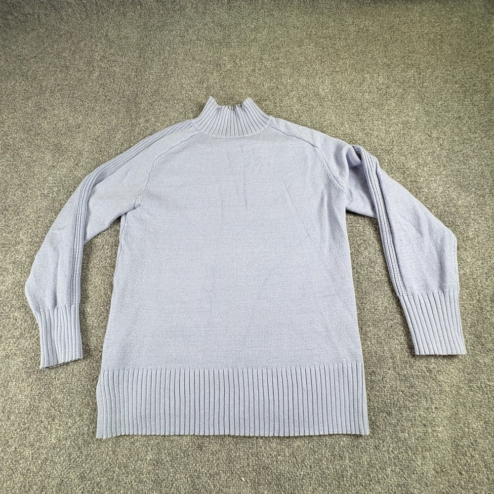 T Tahari Sweater Women's M Blue Mock Neck Pattern Sleeve Minimalist Quiet Luxury